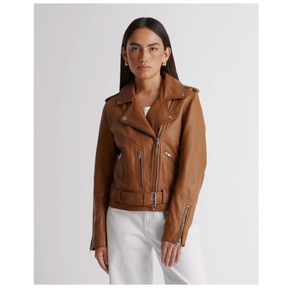 Quince Jackets & Blazers - Quince 100% Leather Motorcycle Jacket Cognac Brown Asymmetric Zip Gift M NEW